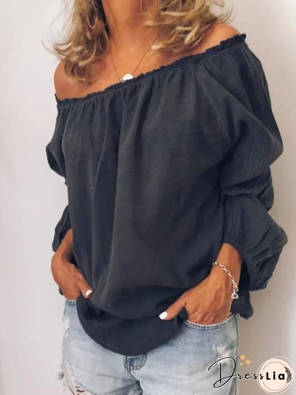 Women'S T-Shirts One-Shoulder Elastic Pleated Long Sleeve T-Shirts