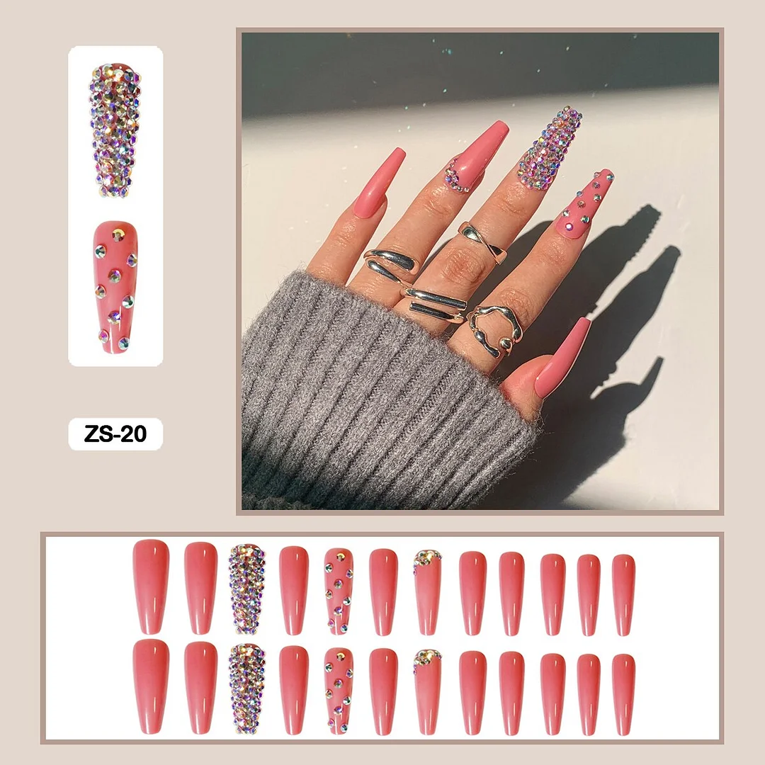 24pcs/box  Long Trapezoid Fake Nails  WIth Jewels Decorated Wearabel False Nails With Glue And Wearing Tools-Nail Inspo