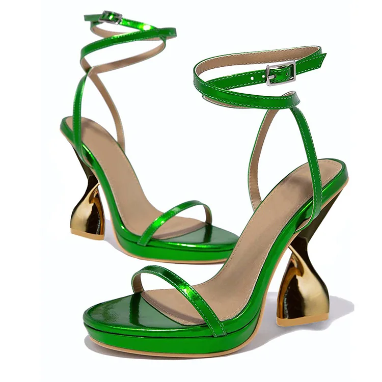 Green Patent Leather Platform Sandals with Spool Heel for Women Vdcoo