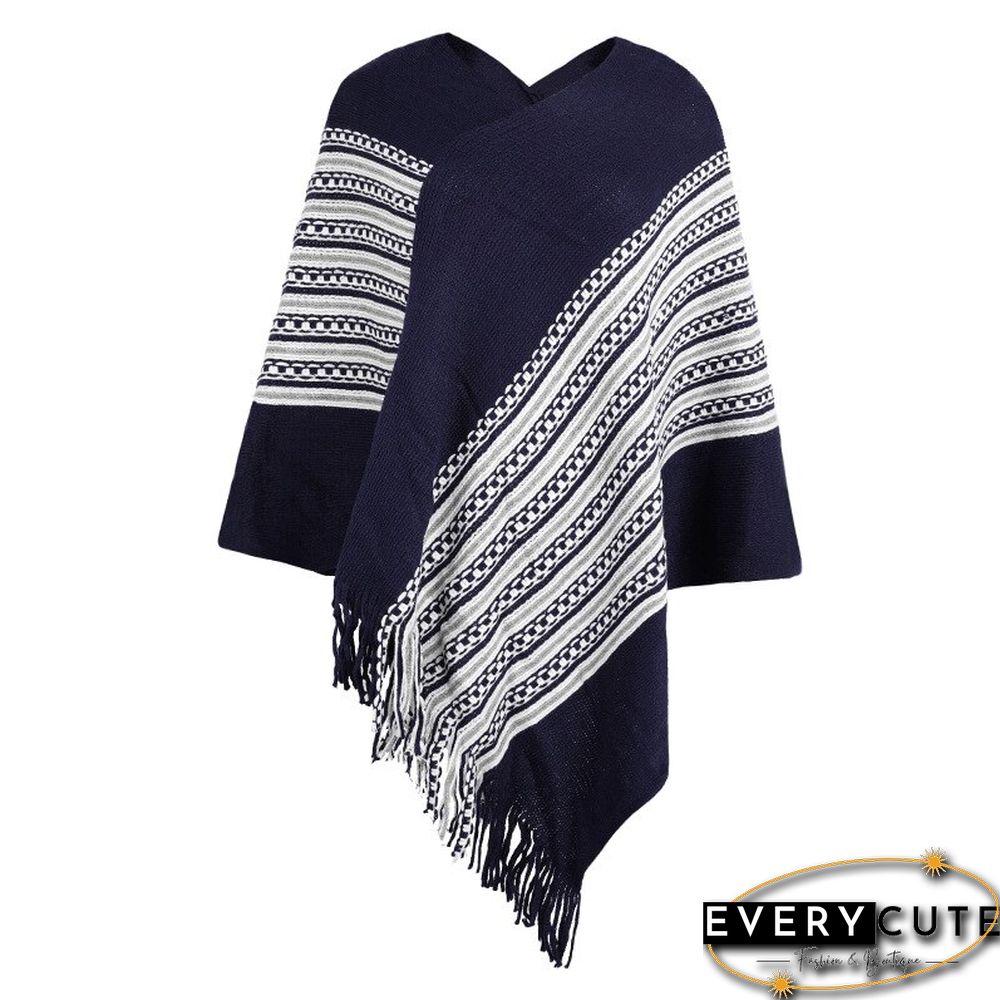 New V Neck Women Autumn Winter Sweater Colored Pullover Stripe Femme Oversize Shawls Wraps Tassel Aesthetic Knit Cape