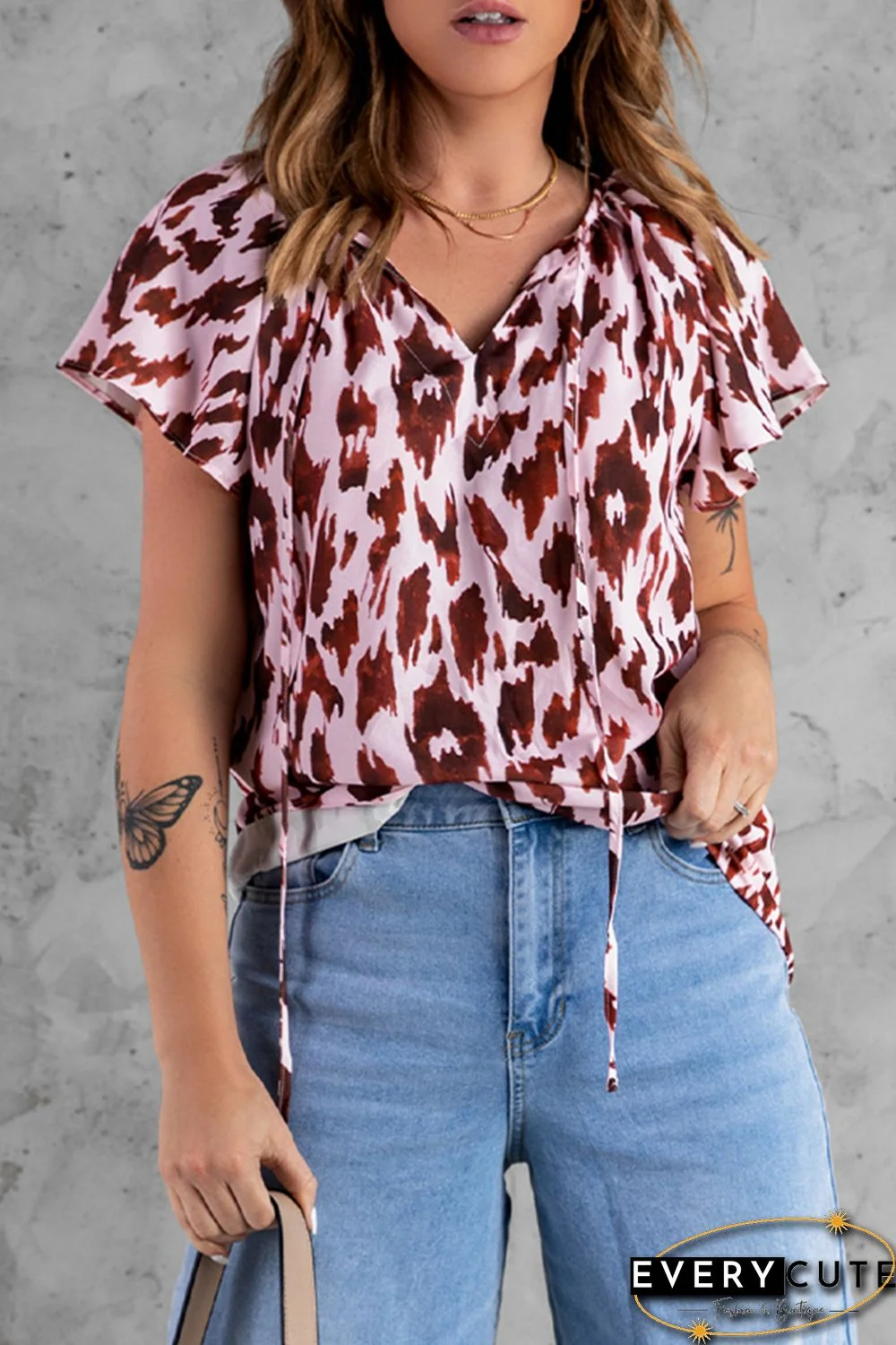 Leopard Print Flounce Drawstring Short Sleeve T-shirt