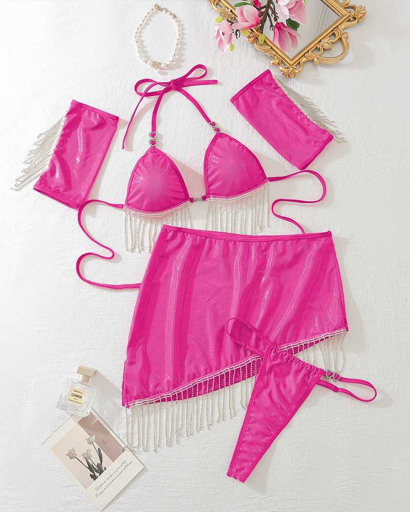 Lovingerie - Lace-up Halterneck Tassel Lingerie Set