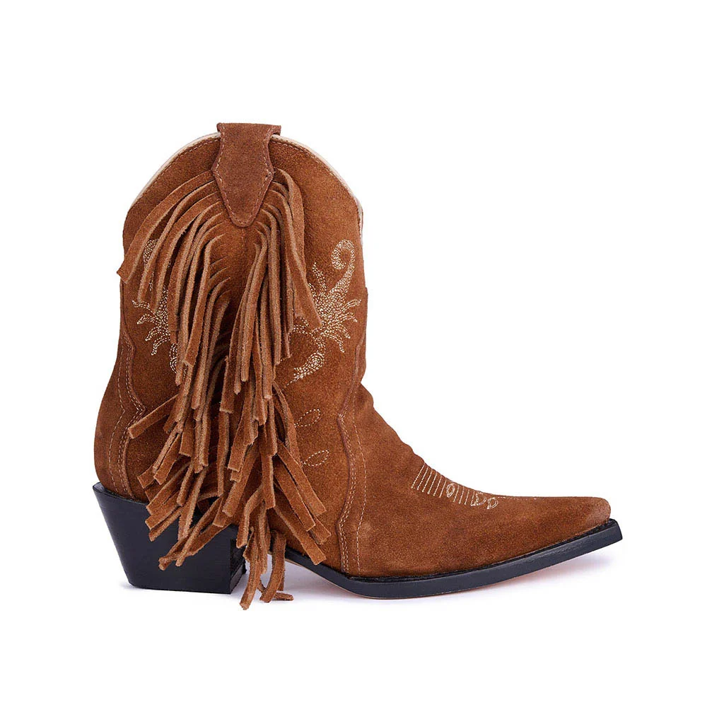 Brown Pointed Toe Scorpion Embroidery Chunky Heel Fringe Cowgirl Boots
