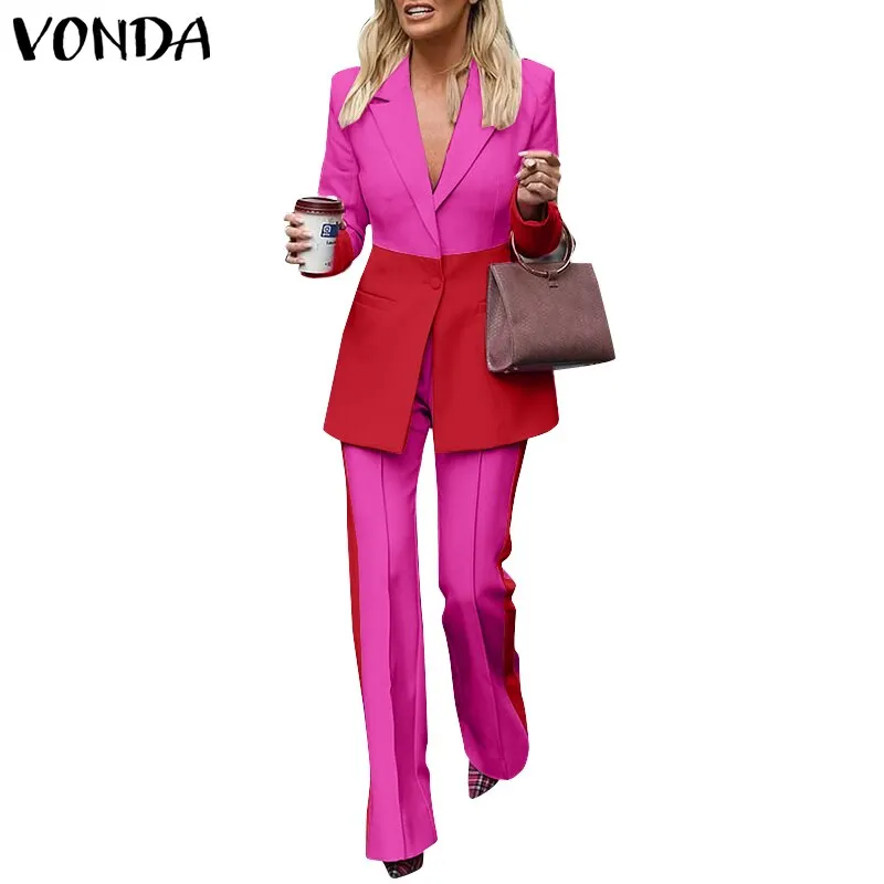 2022 Autumn Long Sleeve Office Formal Suit Thin Blazers VONDA Women Lapel Coats Color Patchwork Wide Leg Pants 2pcs no lining