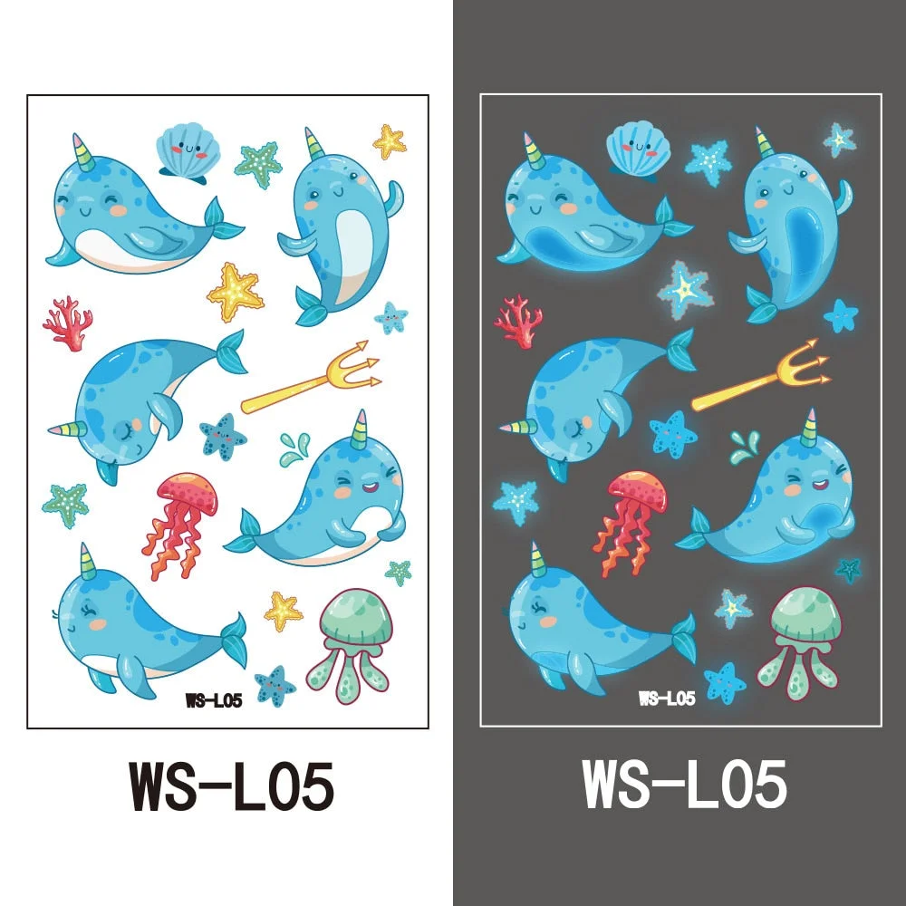 European and American children waterproof tattoo stickers cute dinosaur mermaid cartoon blue luminous temporary tattoo stickers