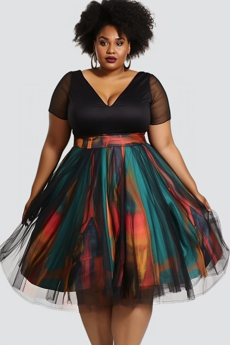 Xpluswear Design Plus Size Daily Multicolor V Neck Short Sleeve Contrast See Through Tulle Mini Dresses [Pre-Order]