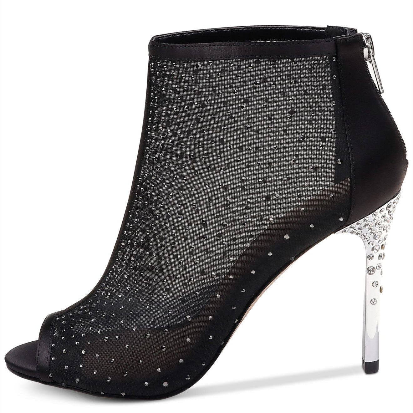 GOOSHOE Black Mesh Rhinestone Peep Toe Ankle Boots
