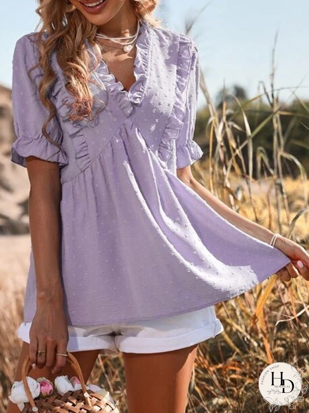 Blouses Jacquard V-Neck Ruffle Short Sleeve Blouse for Women