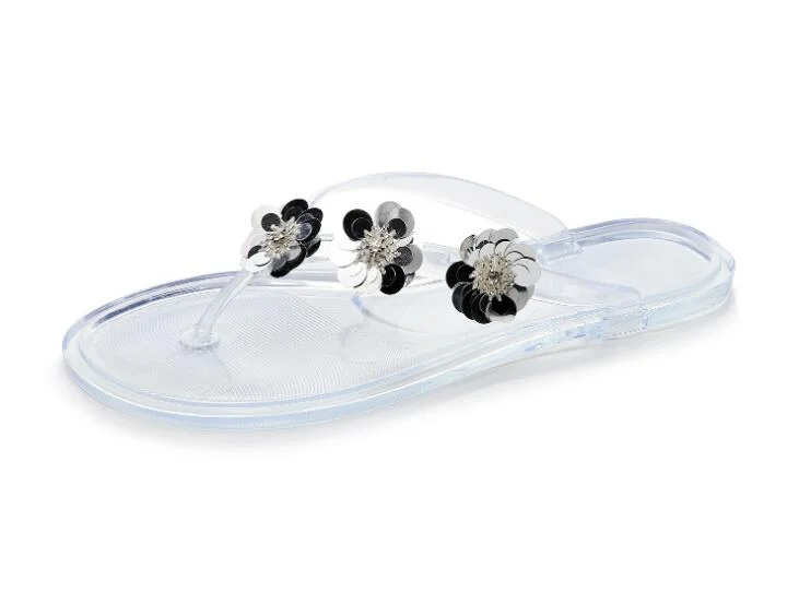 Qengg Jelly Shoes Summer Flip Flops Flat EVA Craft Sequins Flowers Slippers Summer Shoes Cool Beach Shoe Big Size 40 41