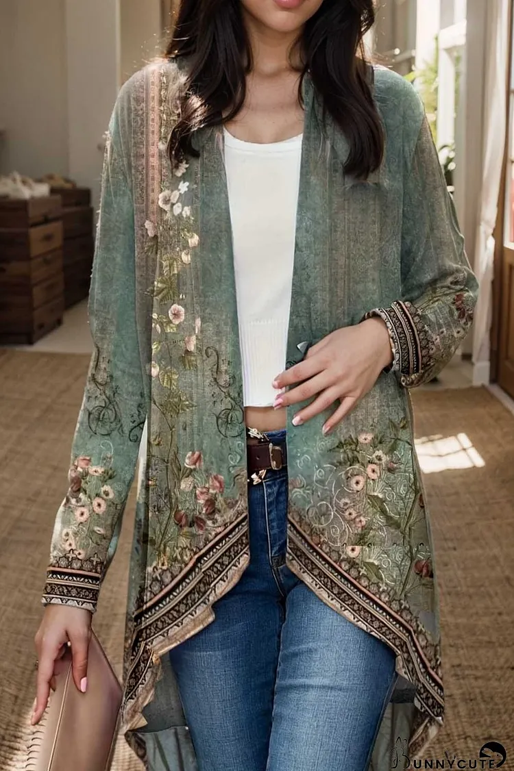 floral print dipped hem open front long sleeve casual cardigan
