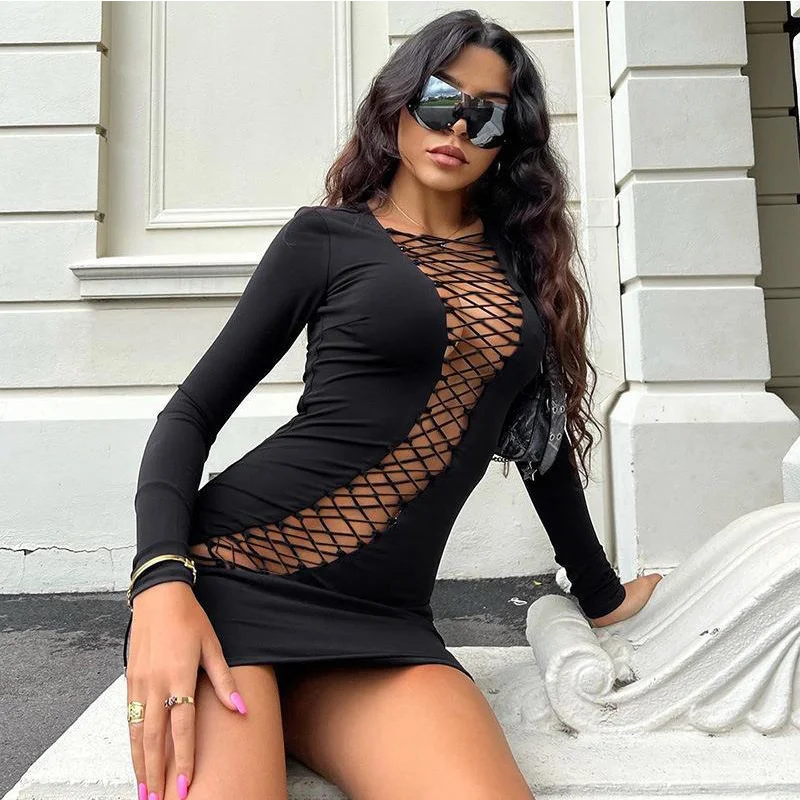 Uveng Uveng Street Fashion Sexy Slim Bag Hip Personality Pure Color Short Money Tie Hot Girl Dress Female