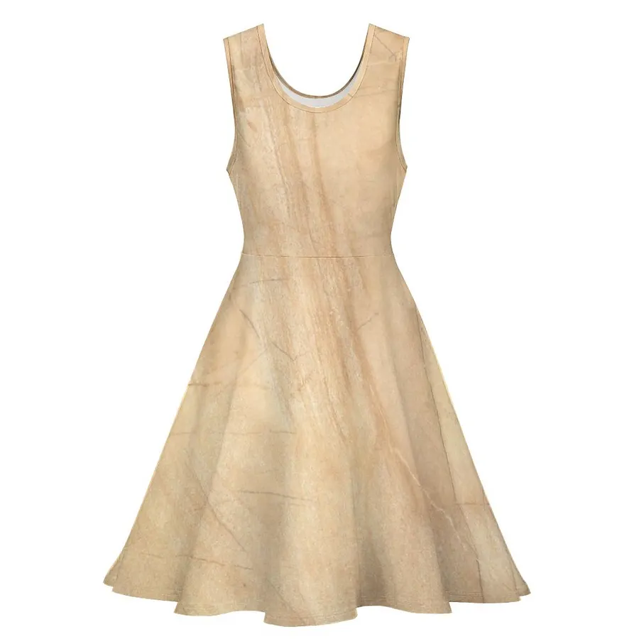 Beige Marble Stone Casual Flared Tank Dress, A-line Skater Dress Gold-5XL