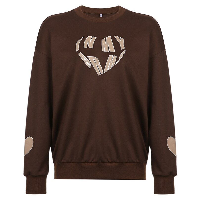 Streetwear Heart Print Y2K Sweatshirts Women Casual Joggers Brown Cloth Loose Cotton Retro Harajuku Shirts Autumn Cuteandpsycho