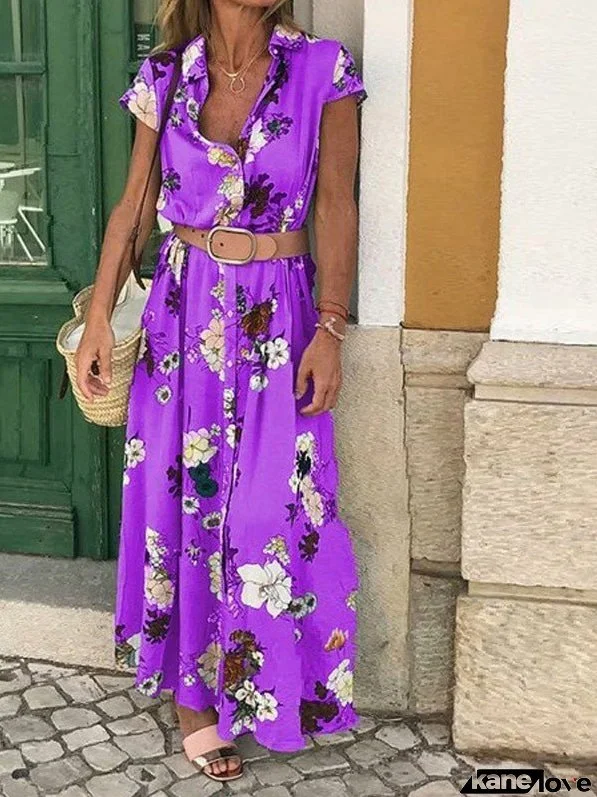 Dresses Vintage Print Button Lapel Short Sleeve Dress for Women