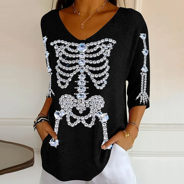 Women's Diamond Skull Art V-neck Long Sleeve T-shirt