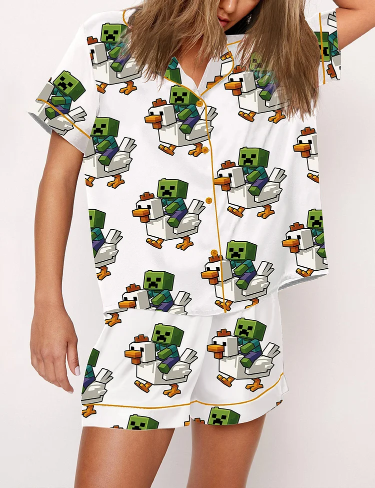 Women's Chicken Jockey Funny Minecraft Zombie Riding Chicken Print Pajama Set