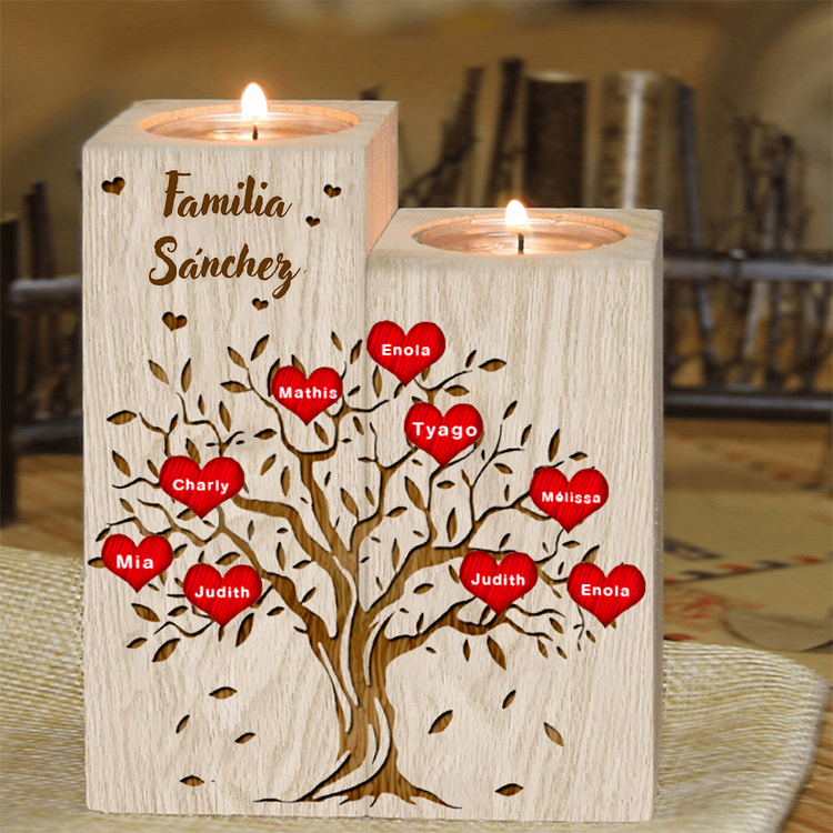 A Familia - candelero de madera sin vela Árbol de la vida Árbol genealógico 9 nombres personalizados con 1 texto