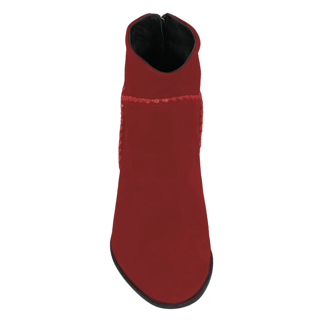 Red Round Toe Chunky Heel Back Zipper Stitching Short Booties