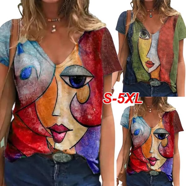 Women's Summer Fashion Abstract Face Painting V-neck T-shirts Casual Short Sleeve Blouses Loose Tops Plus Size S-5XL - BlackFridayBuys