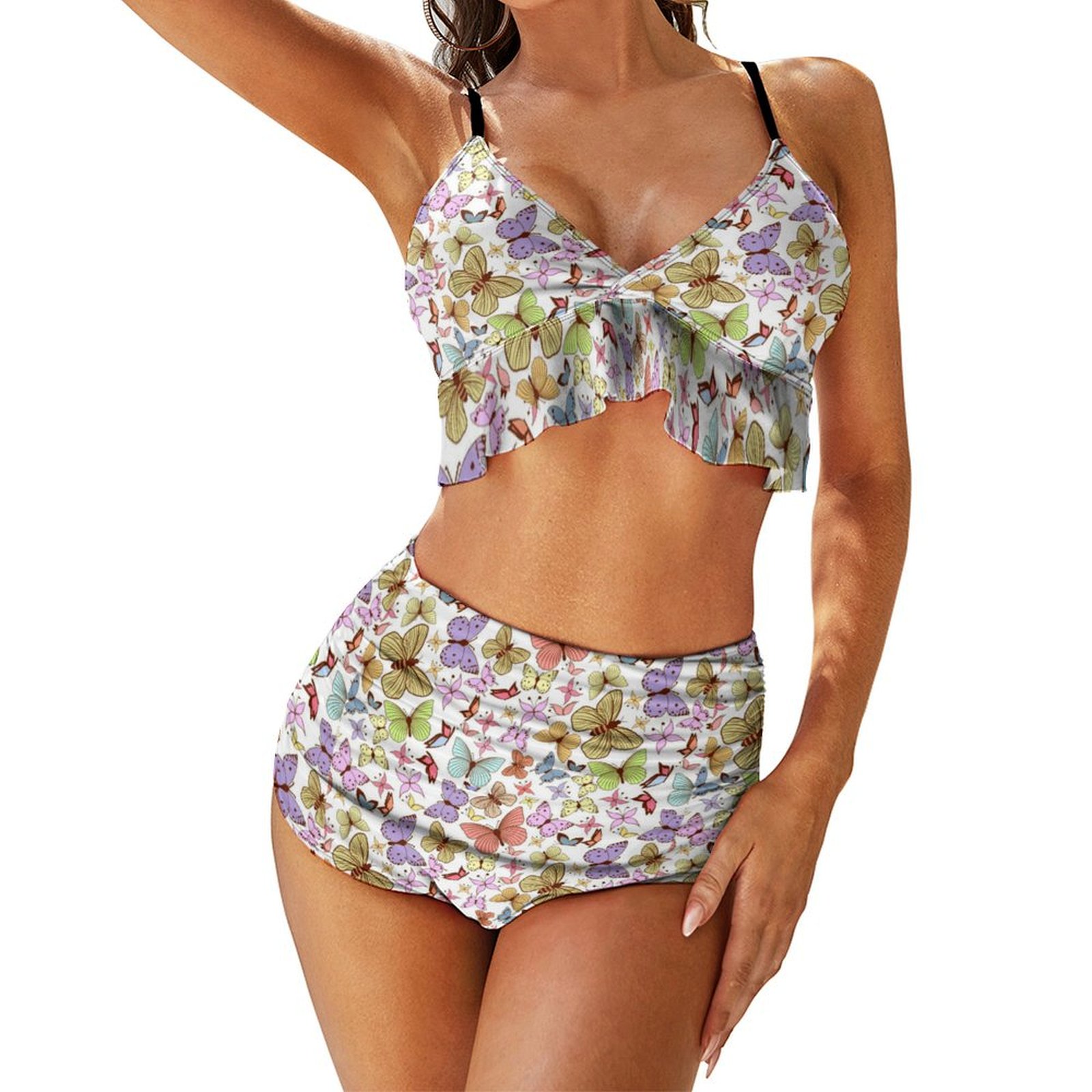 Women's Butterfly High Waisted Pleated Ruffle Bikini Sets