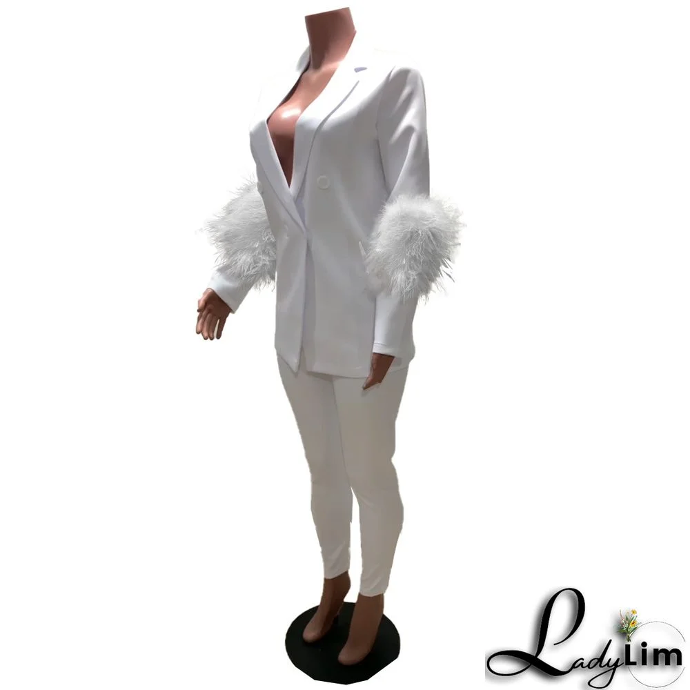 Fall Women Feather Blazer and Pant Two Piece