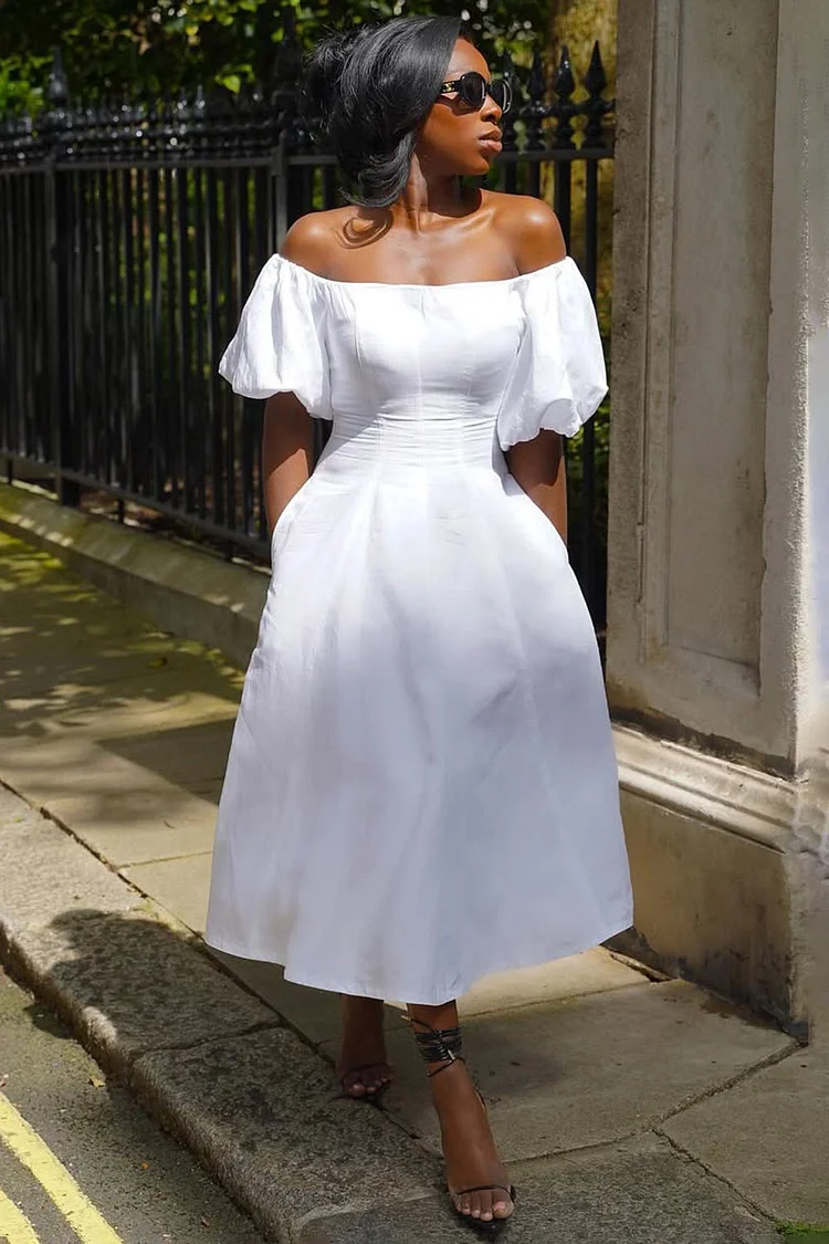 Off Shoulder Puff Sleeve Cinch Waist Solid Maxi Dresses-White [Pre Order]