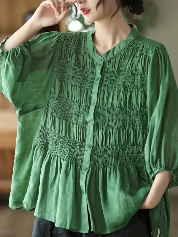 Vintage Roomy Pleated Pure Color Stand Collar Blouse Top