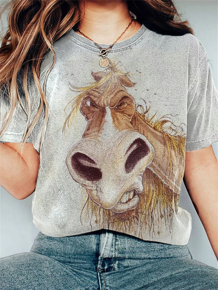 VChics Funny Horse Print Casual Cozy Vintage T-Shirt
