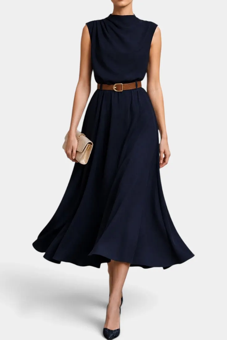 Structured Sleeveless Midi Dress with Belt Accent