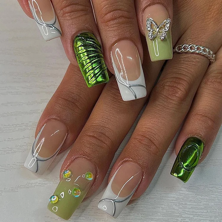 Green Drop Butterfly Press-On Nails