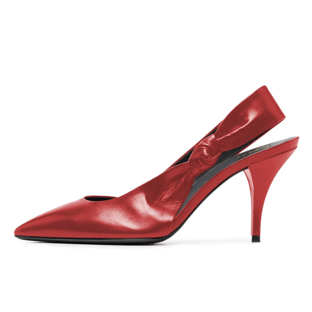 Vegan Leather Pointed Toe Knot Decor Slingback Heels in Red