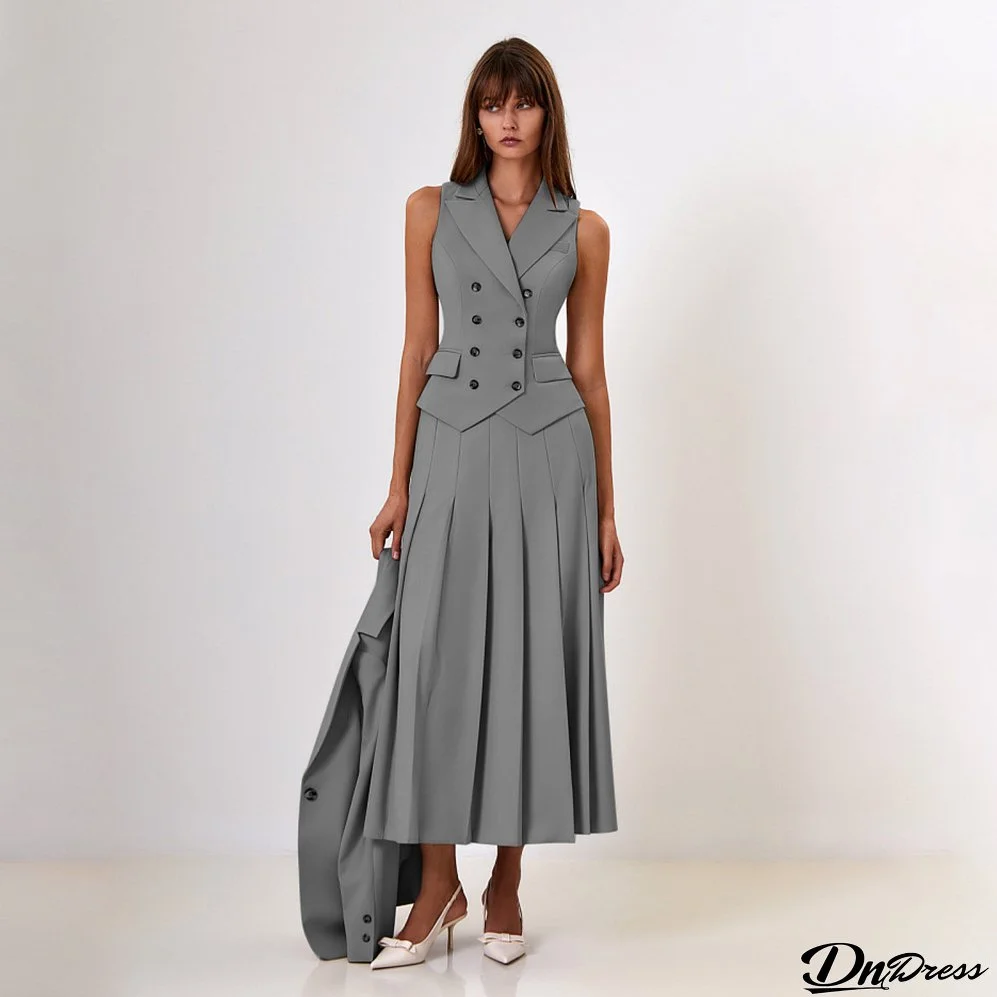 Autumn Chic Elegant Long Skirt Suit Sleeveless Vest Pleated Long Skirt Two-Piece Set