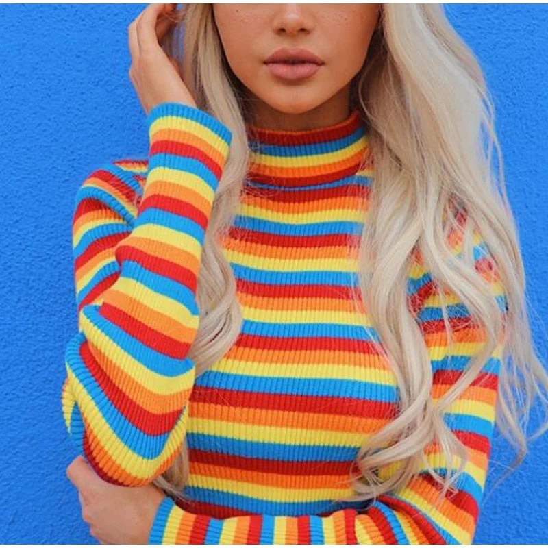 UForever21 Rainbow Stripes Pullover Women Sweater Half High Collar Long Sleeve Fashion Streetwear Slim Lady All-Match Sweaters Autumn 2022
