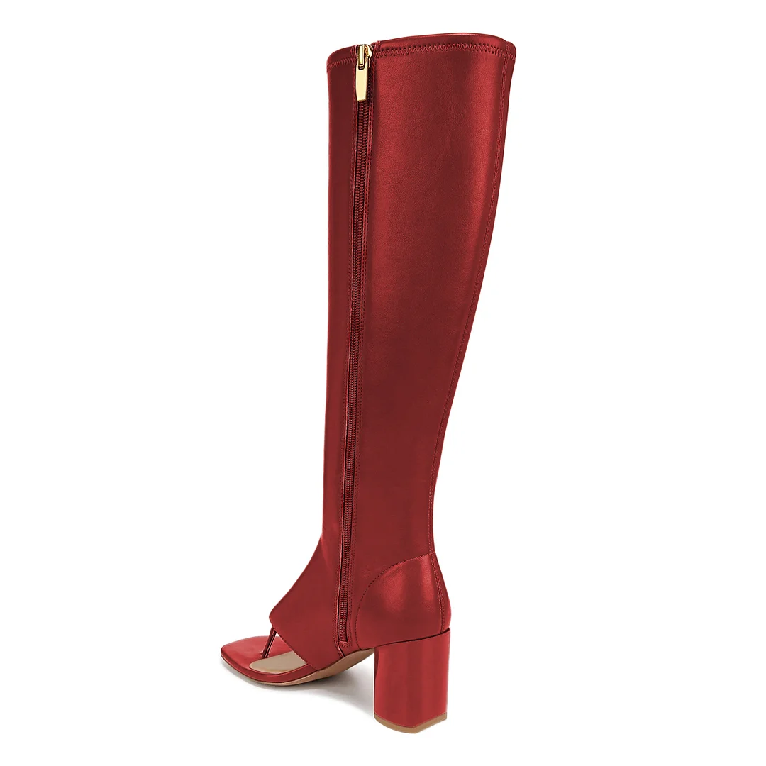 Vegan Leather Open Square Toe Side-Zip Knee High Heel Boots in Red