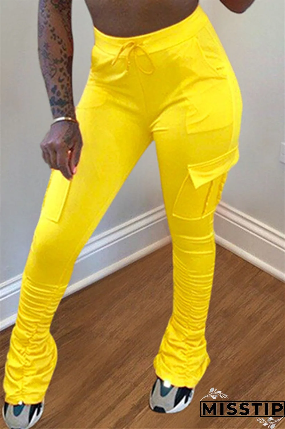 Fluorescent green Drawstring High Solid Pocket Draped Boot Cut Pants Bottoms