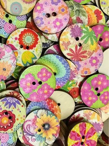 Vintage Round Stamped Wooden Buttons for DIY Craft