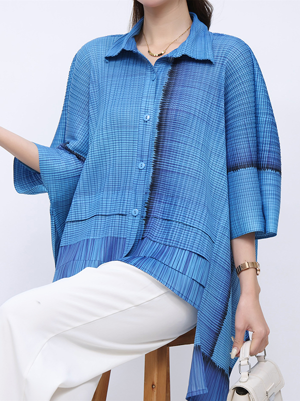 Short Sleeve Ruffled Tie-dyed Swallowtail Blouses