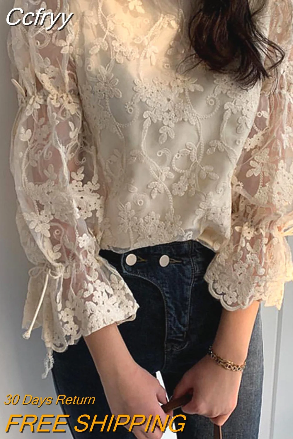 Huibahe Embroidered Lace Women's Shirt Flare Sleeve Crochet Floral Blouse Casual Fashion Elegant Chiffon Shirt Spring New 13499