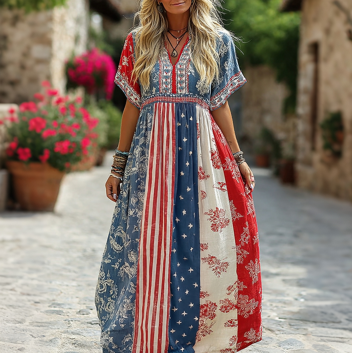  Women's Vintage Flag Floral Cotton Linen Round Neck Dress Westsshops