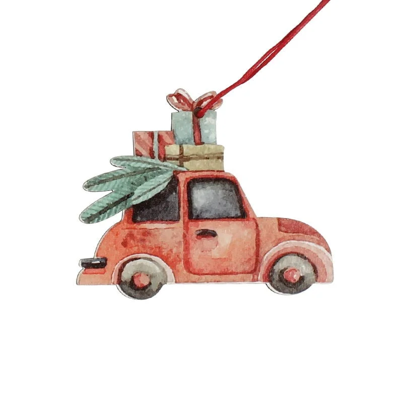 HUADODO 3Pcs Vintage Christmas Truck with tree Ornaments Wooden Christmas decoration for Xmas tree Ornament Party Kids gift