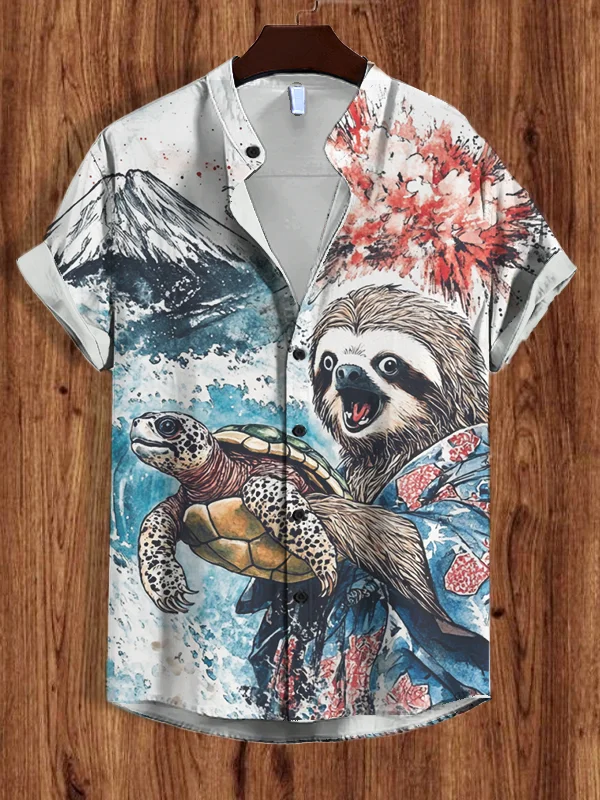 Men's Sloth Catching Turtle Art Print Casual Shirt