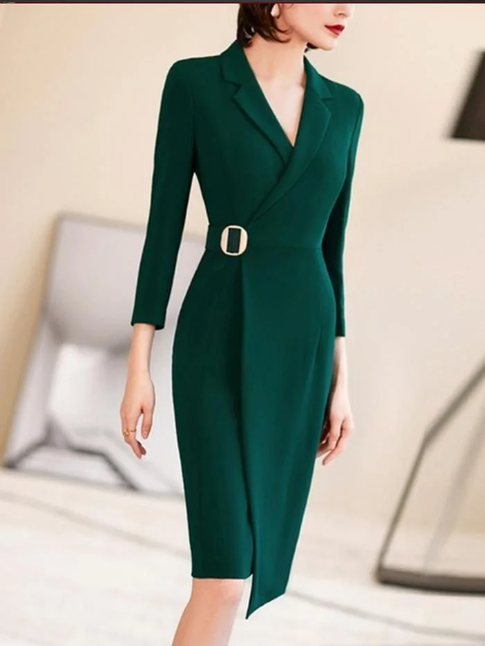 Elegant long-sleeved professional mid-length bag hip dress