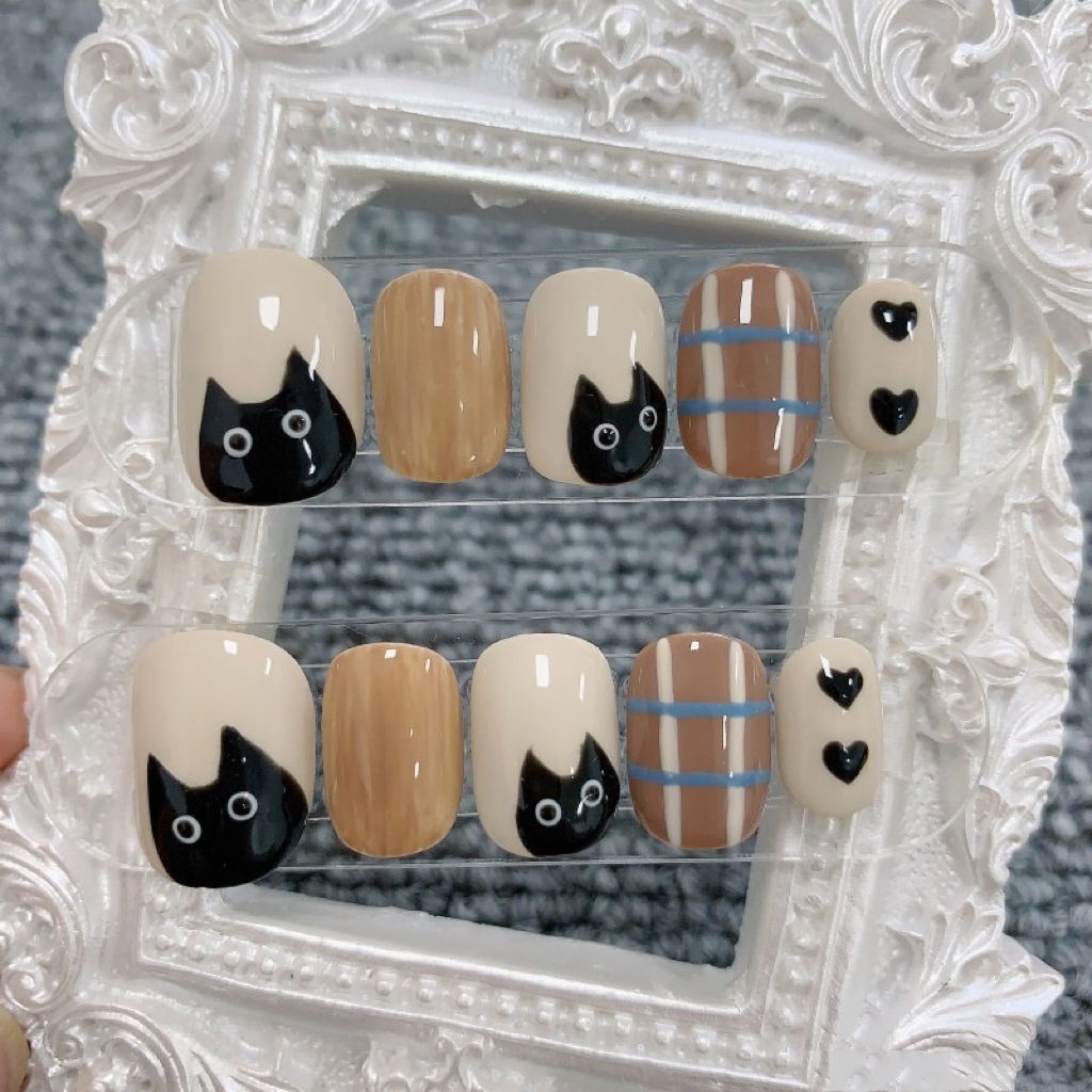 Hand-Painted Cute Black Cat Cartoon Wearable Nails