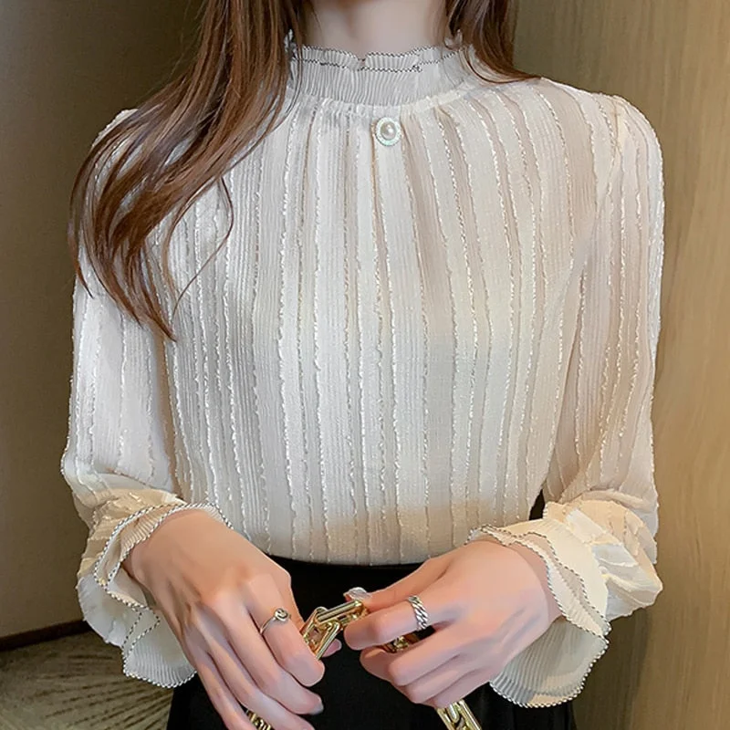 Autumn Women Stand Collar Lace Chiffon Blouse Shirt Tops Long Sleeve Blouse Women Blusas Mujer De Moda 2021 Blouses Female E127