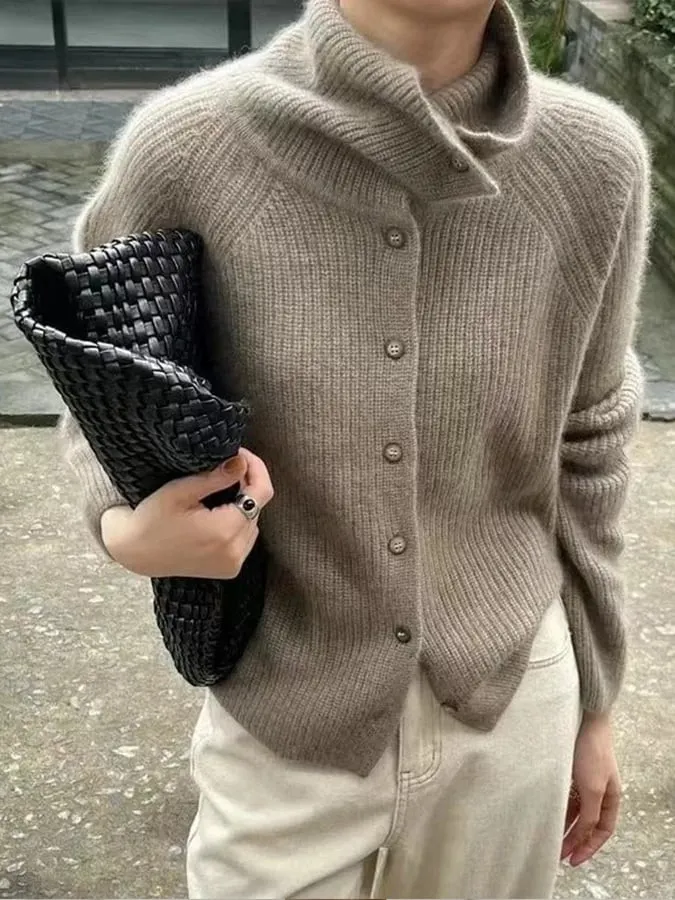 Women'S Autumn And Winter Casual Solid Color Pile Collar Long Sleeve Sweater 