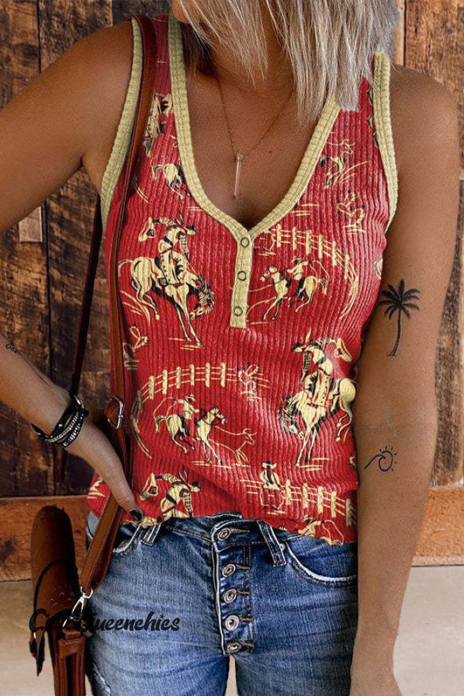 Retro Western Print V-neck Vest Red / S