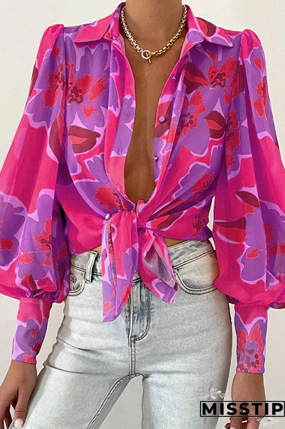 Rose Red Casual Print Patchwork Buckle Turndown Collar Tops