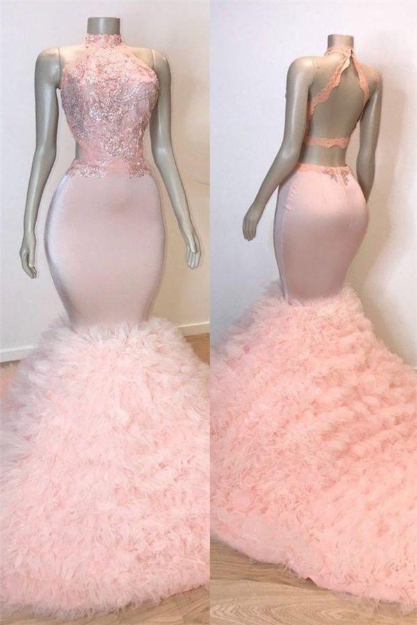 Luluslly Pink High Neck Mermaid Prom Dress Lace Appliques Tulle Evening Gowns