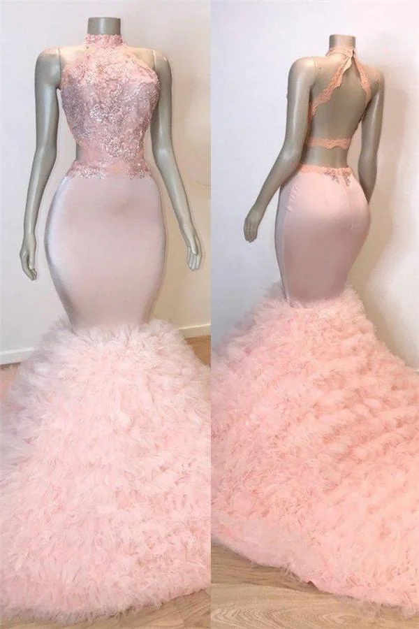 Pink High Neck Mermaid Prom Dress Lace Appliques Tulle Evening Gowns - lulusllly