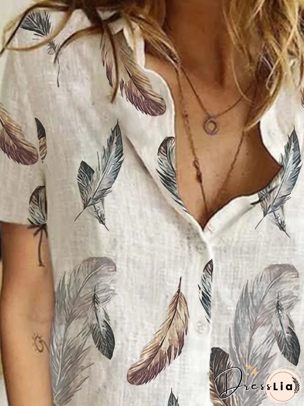 Casual Lapel Feather Loosen Short Sleeve Blouse